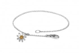 Silver bracelet with a daisy charm on a white background