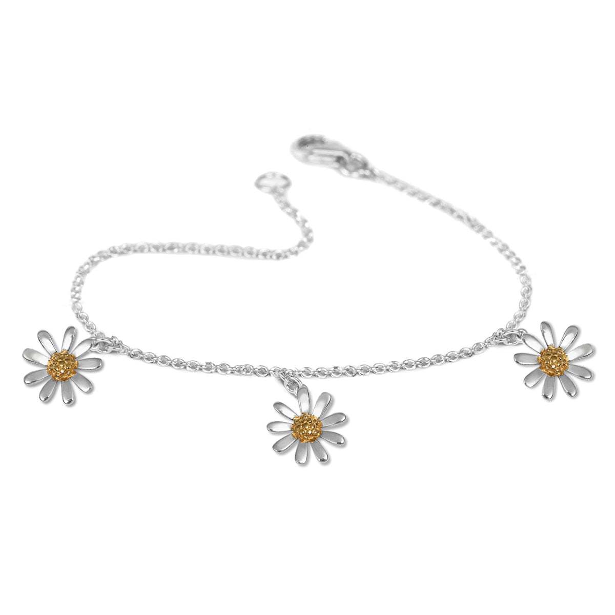 Silver bracelet with three daisy flower charms on a white background