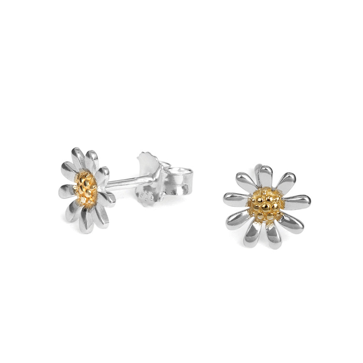 Daisy-shaped earrings with gold centers on a white background