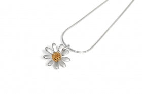 Daisy-shaped pendant necklace on a white background
