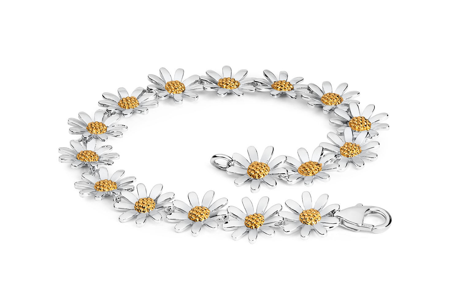 Bracelet with daisy flower charms on a white background
