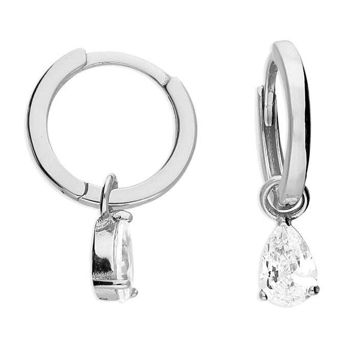 Sterling Silver Plain Huggie Earrings with Pear Shaped Cubic Zirconia Drop