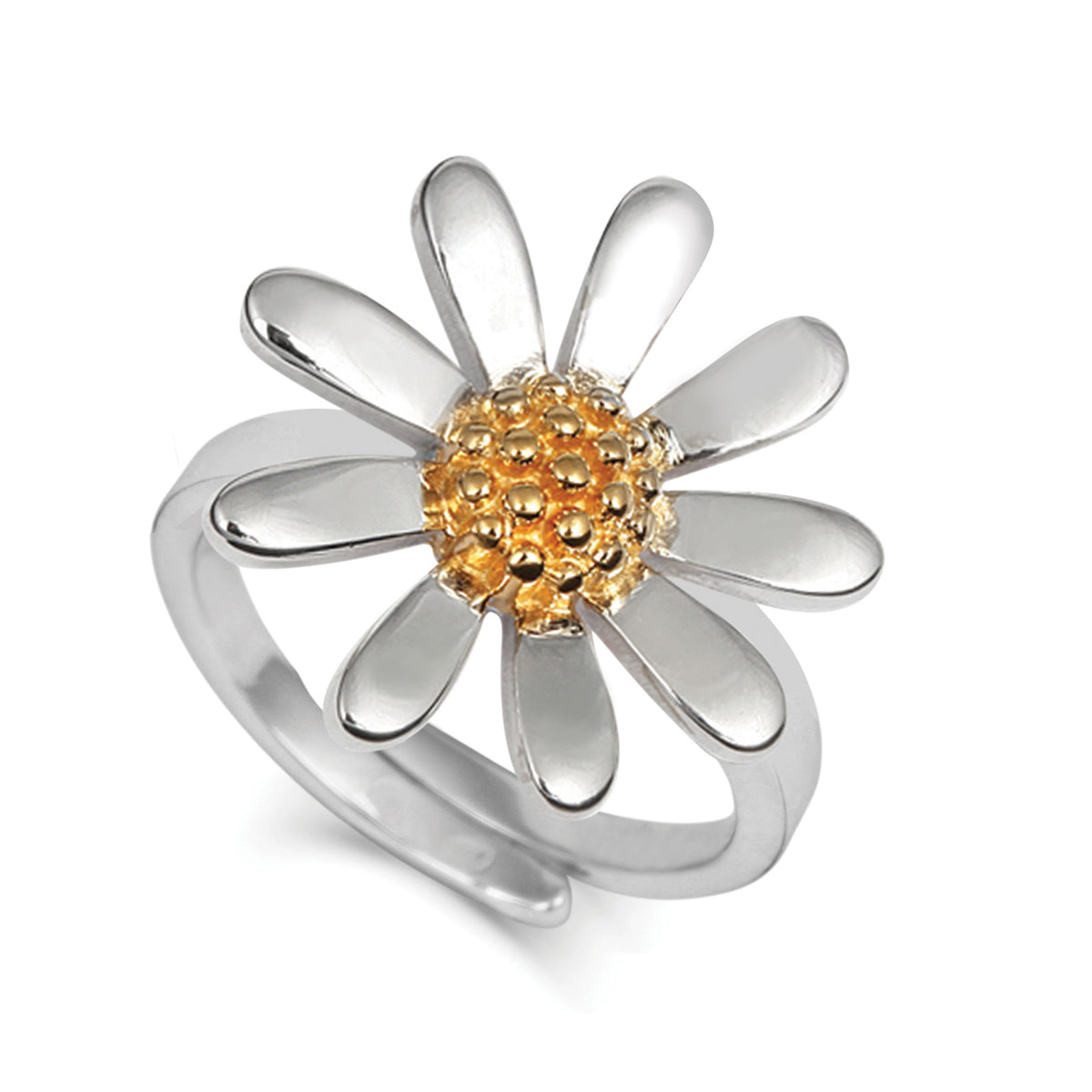 Silver daisy ring with a gold center on a white background