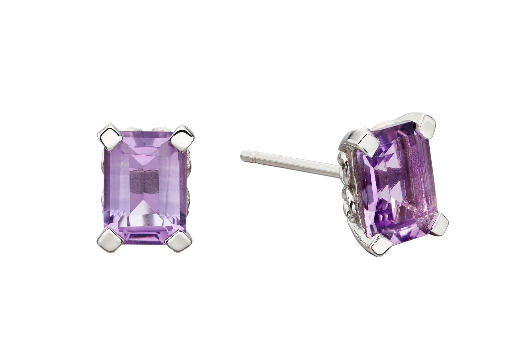 Purple gemstone stud earrings on a white background