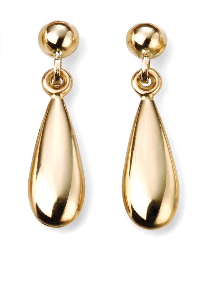 Gold teardrop earrings on a white background