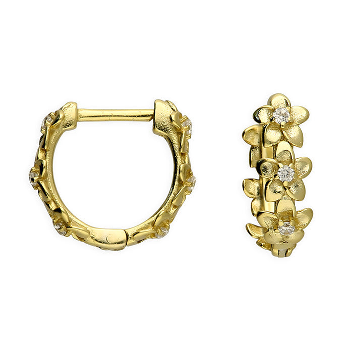 Sterling Silver Gold Plated Flower Cubic Zirconia Huggie Earrings