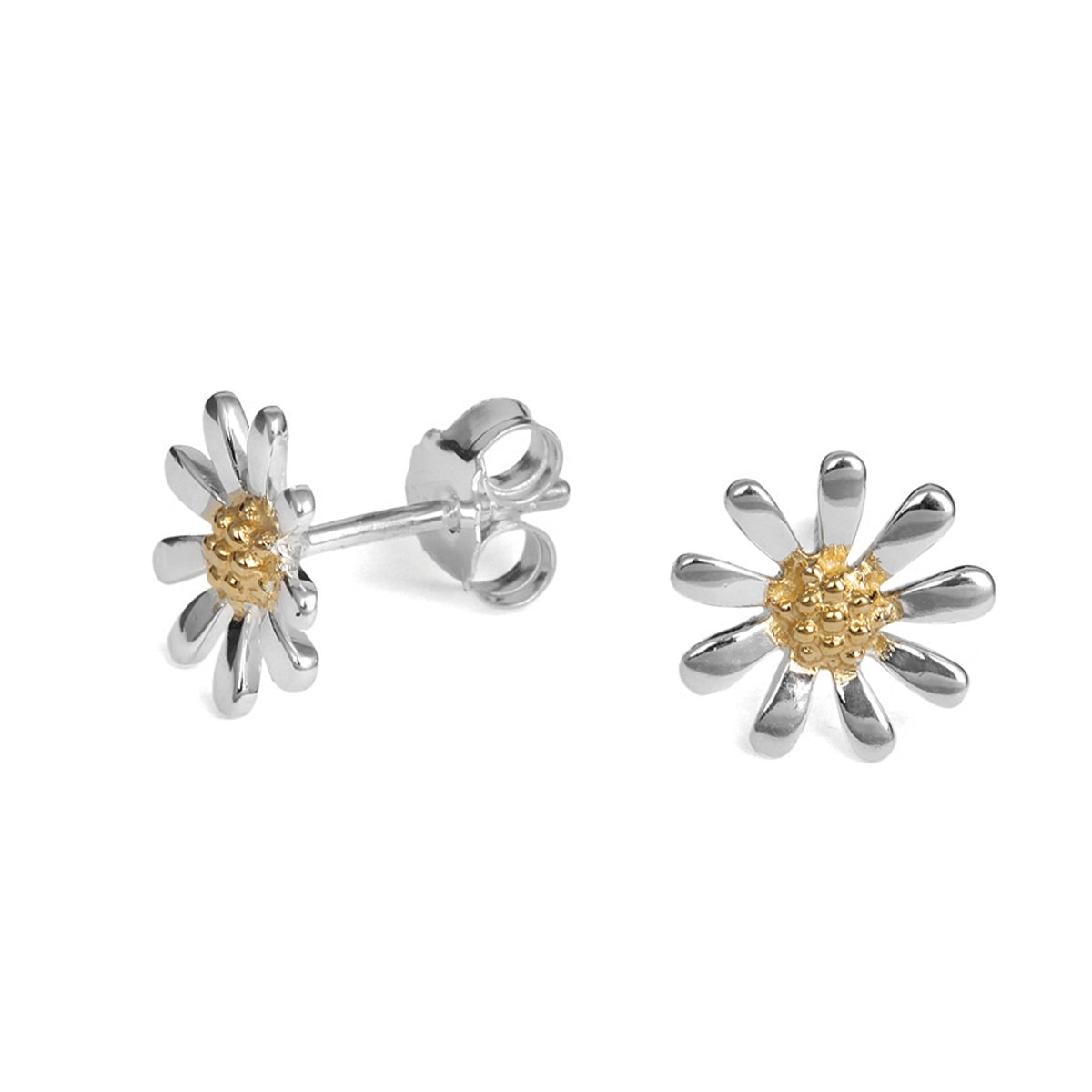 Daisy-shaped earrings with gold centers on a white background