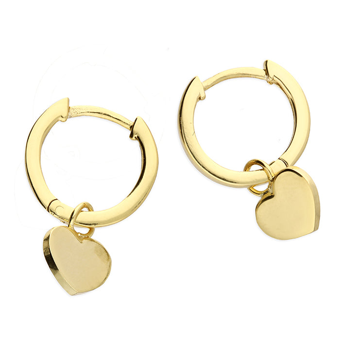 Sterling Silver Gold Plated Plain Huggie Earrings with Heart drop