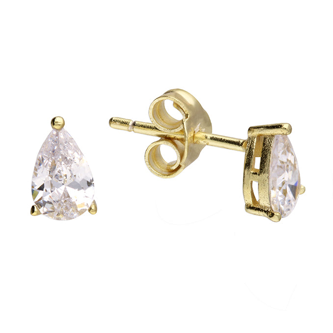 Sterling Silver Gold Plated Pear Shaped Cubic Zirconia Stud Earrings