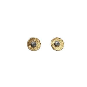 Pair of gold earrings with embedded stones on a white background