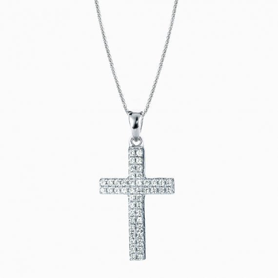 Silver cross pendant necklace on a white background