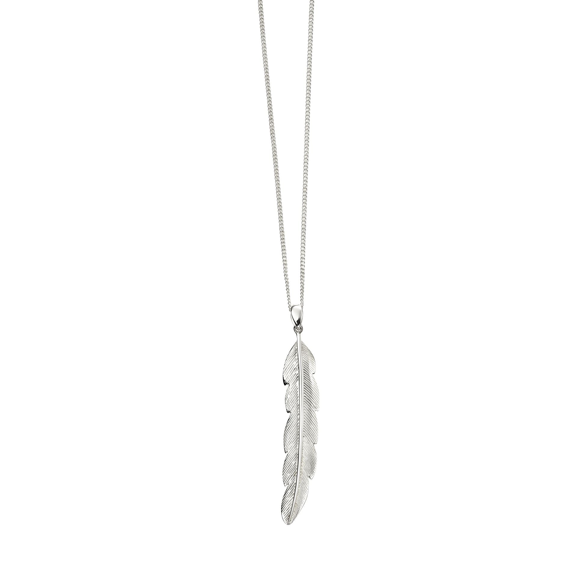 Silver feather pendant necklace on a white background