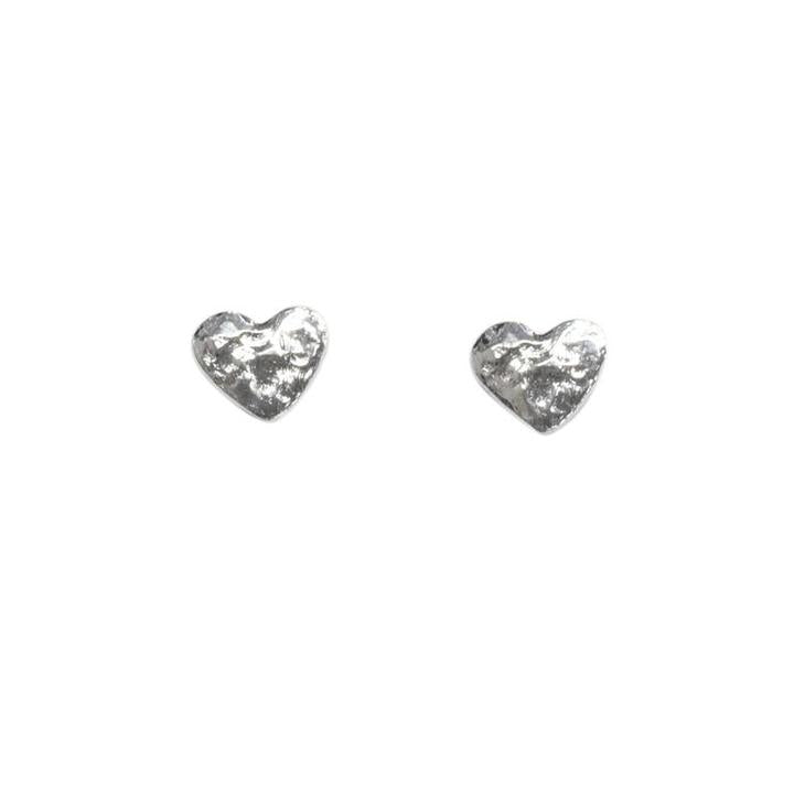 Heart-shaped silver earrings on a white background