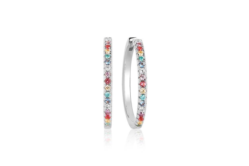 Silver hoop earrings with colorful gemstones on a white background