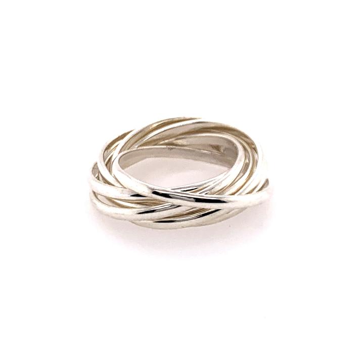 Silver interwoven ring on a white background