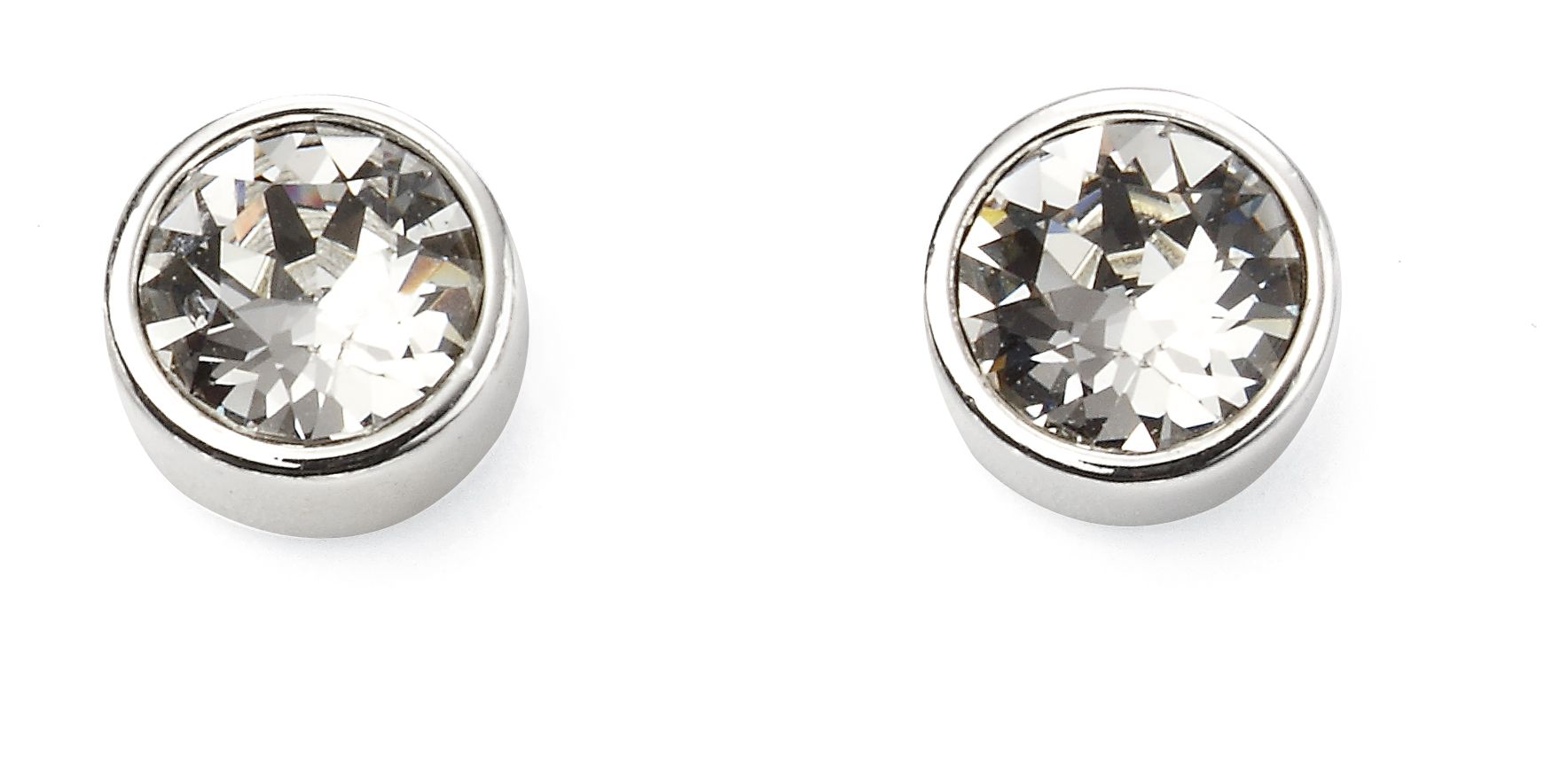 Pair of silver stud earrings with clear gemstones on a white background