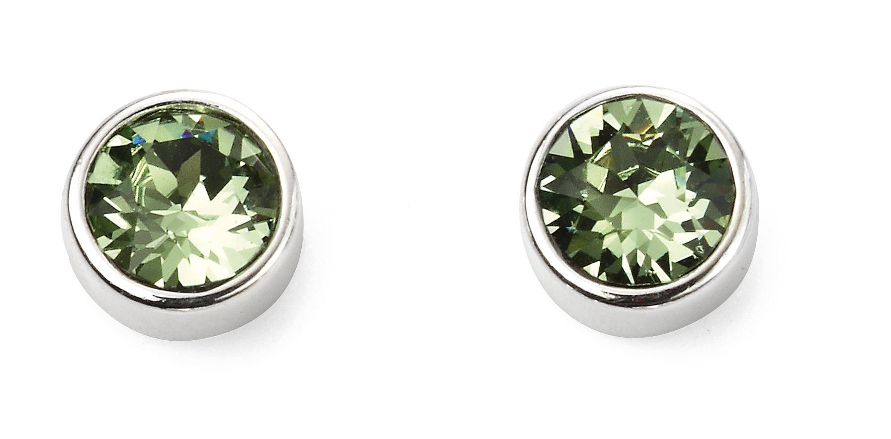 Pair of silver stud earrings with green gemstones on a white background