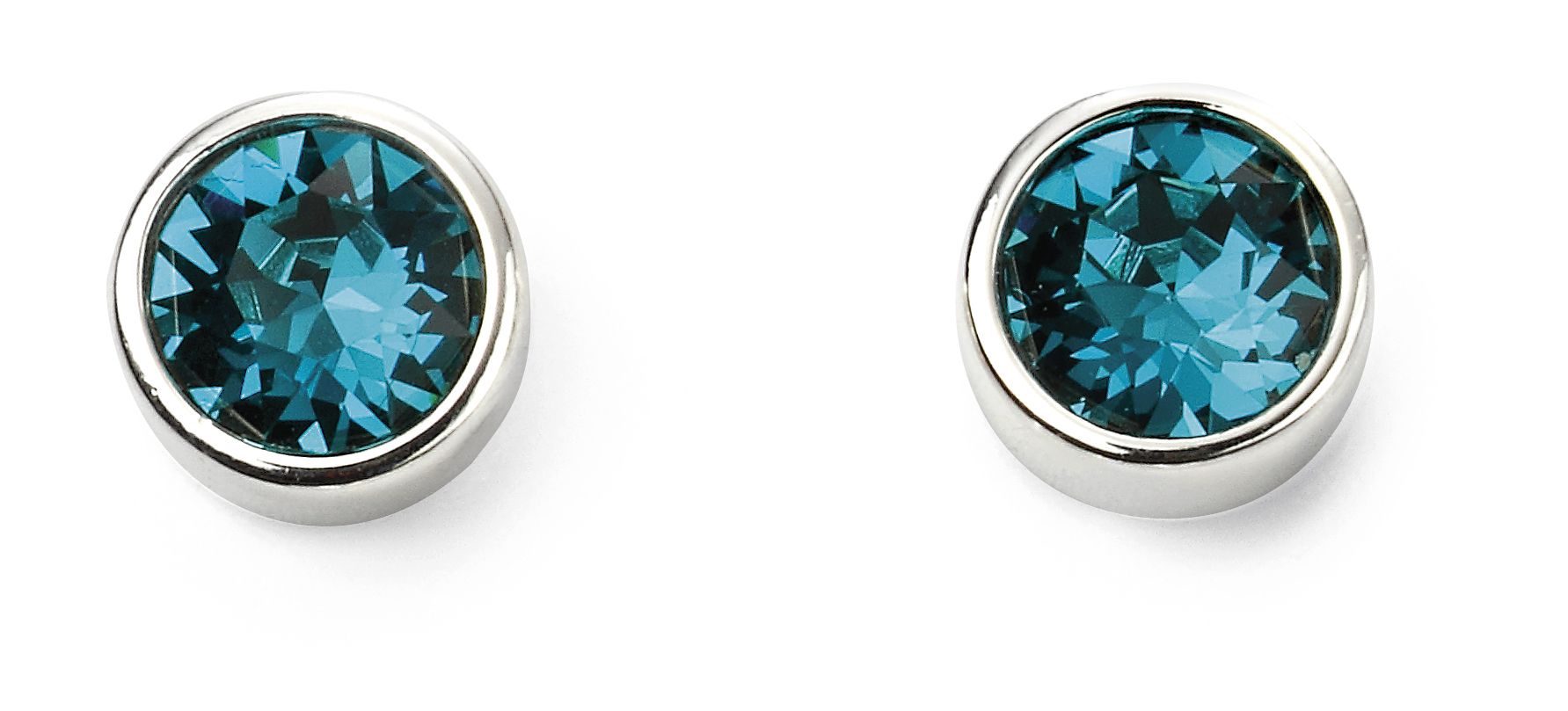 Pair of silver stud earrings with blue gemstones on a white background