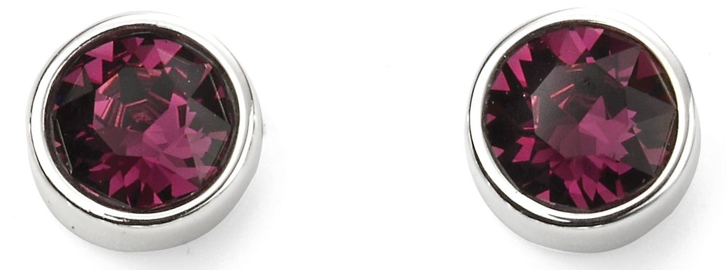 Pair of silver earrings with purple gemstones on a white background