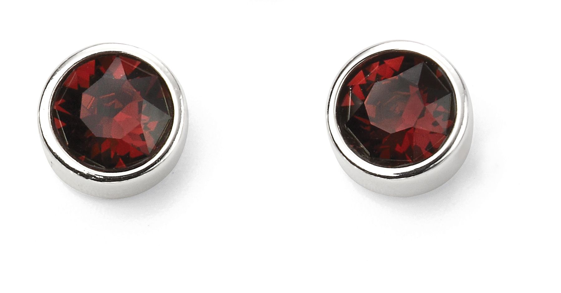 Pair of silver earrings with red gemstones on a white background