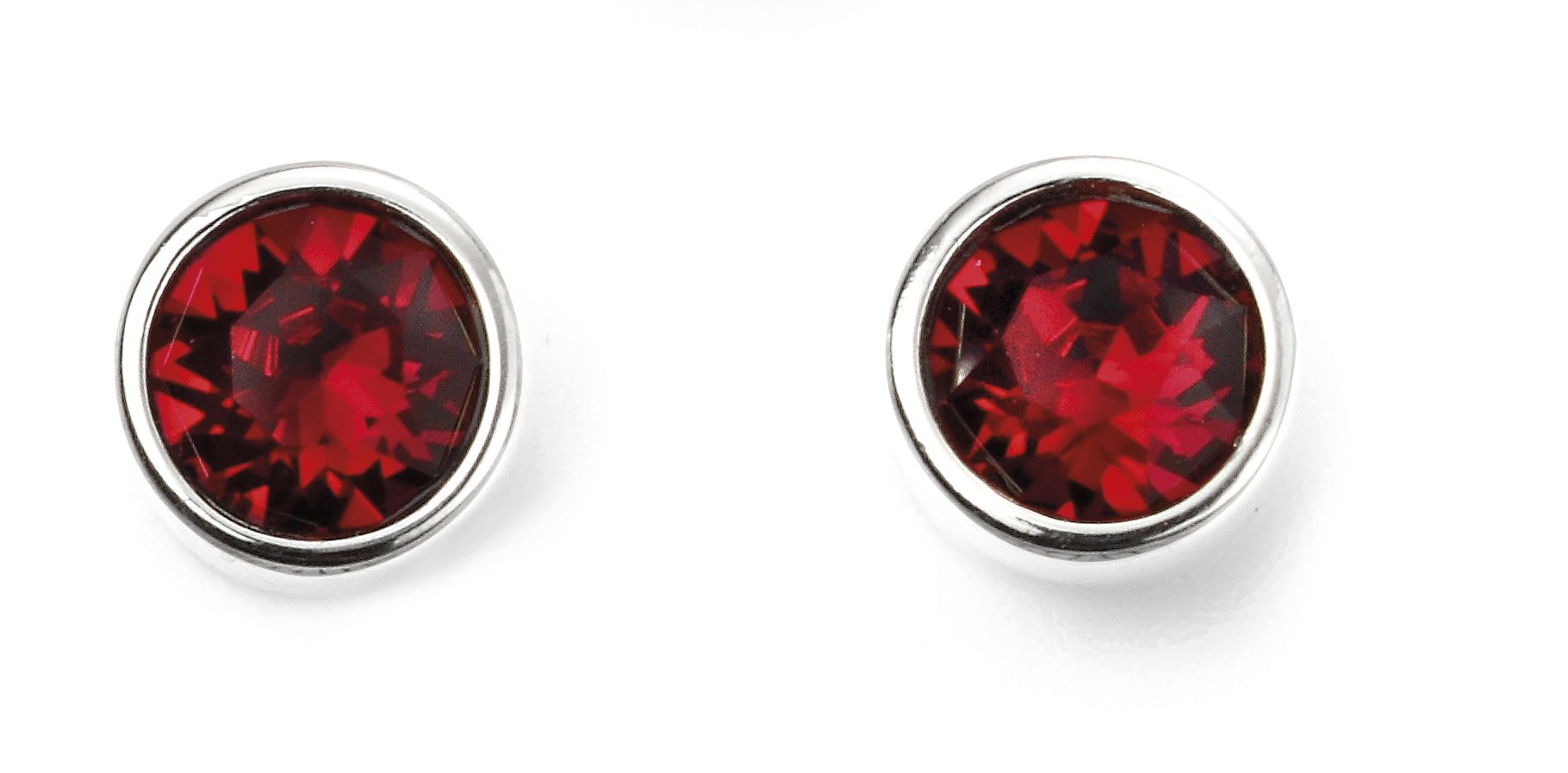 Pair of red gemstone stud earrings on a white background