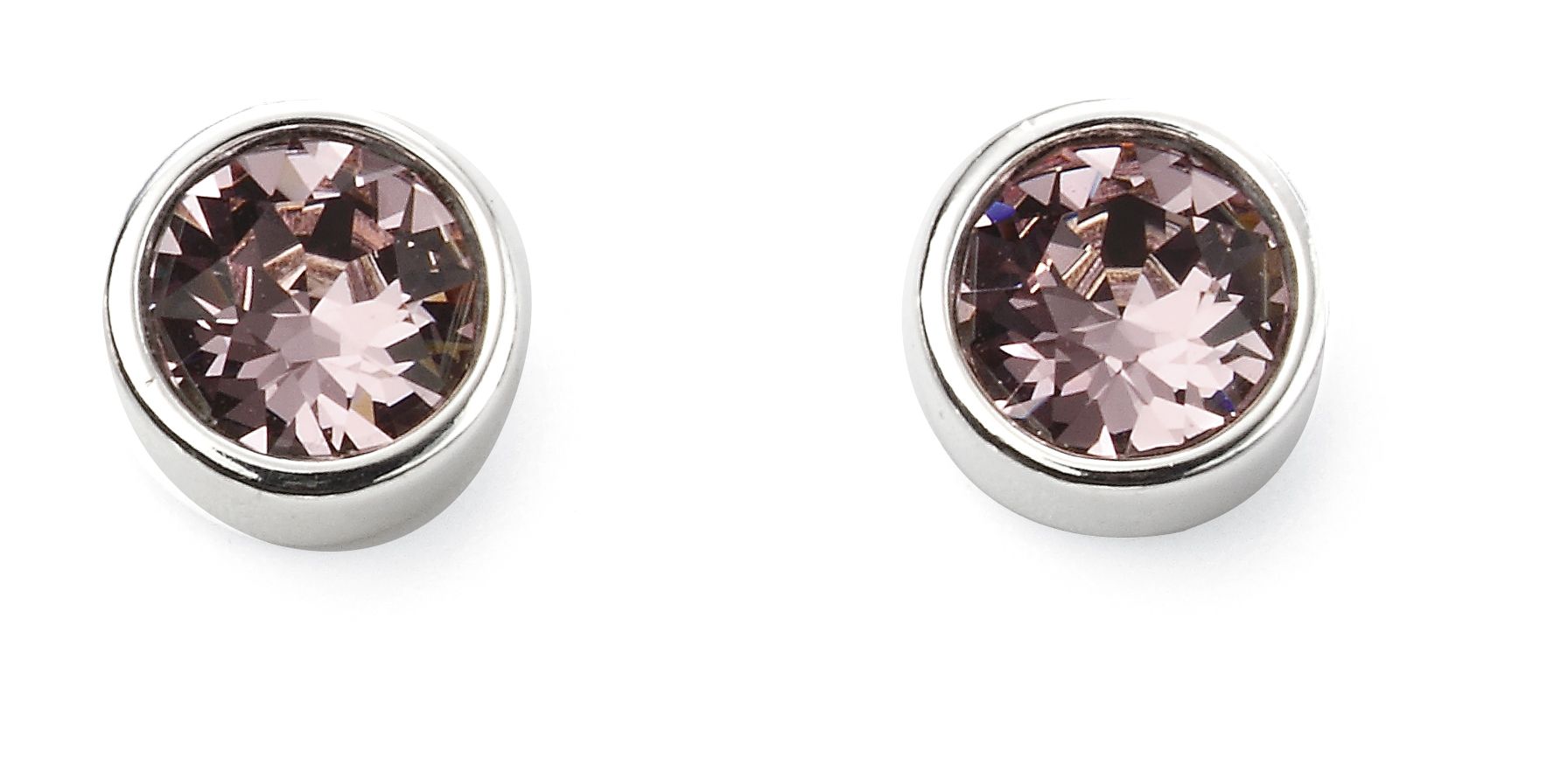 Pair of silver earrings with pink gemstones on a white background