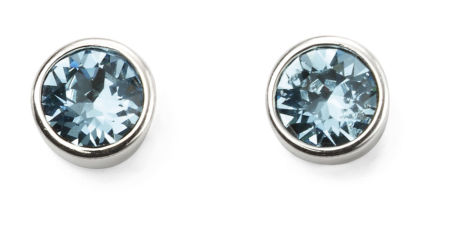 Pair of silver earrings with blue gemstones on a white background