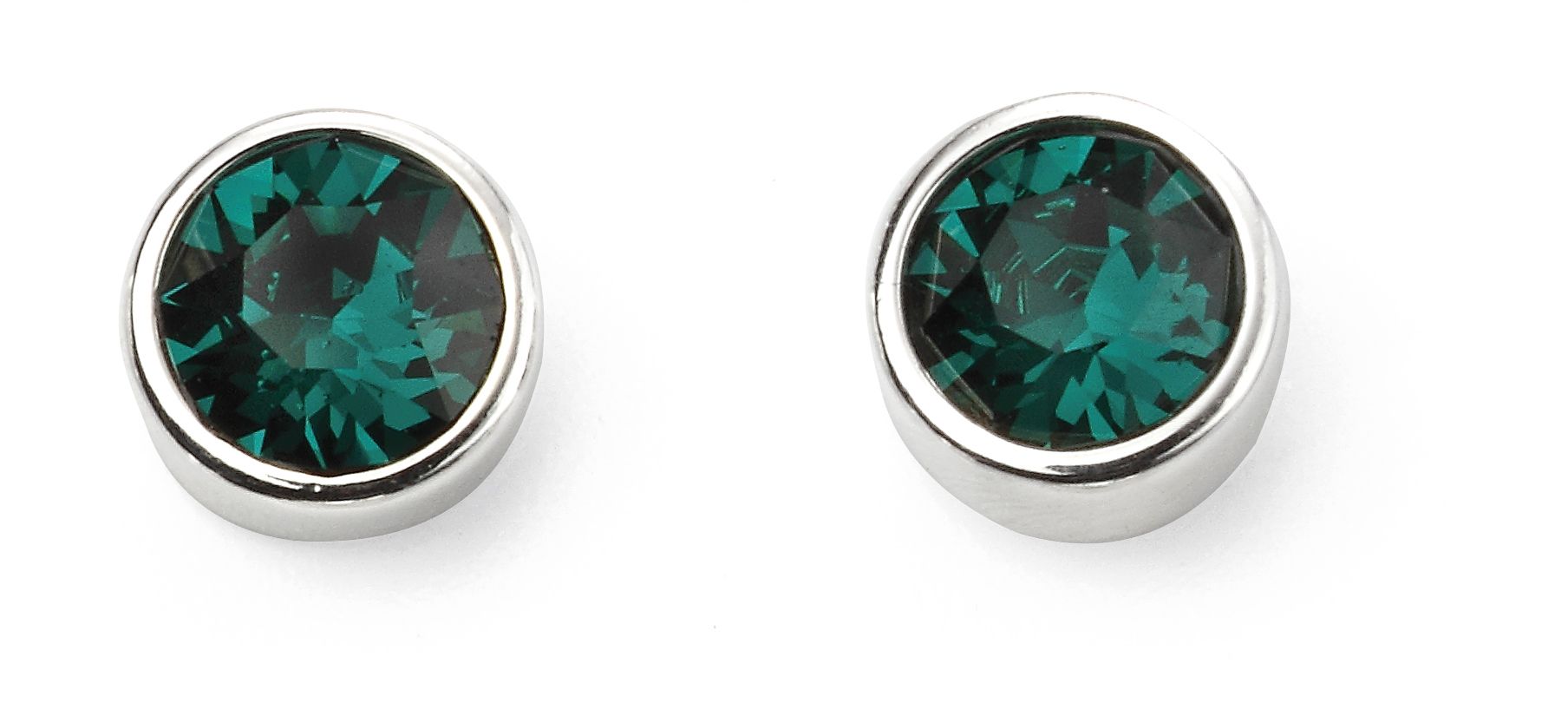 Pair of silver stud earrings with green gemstones on a white background
