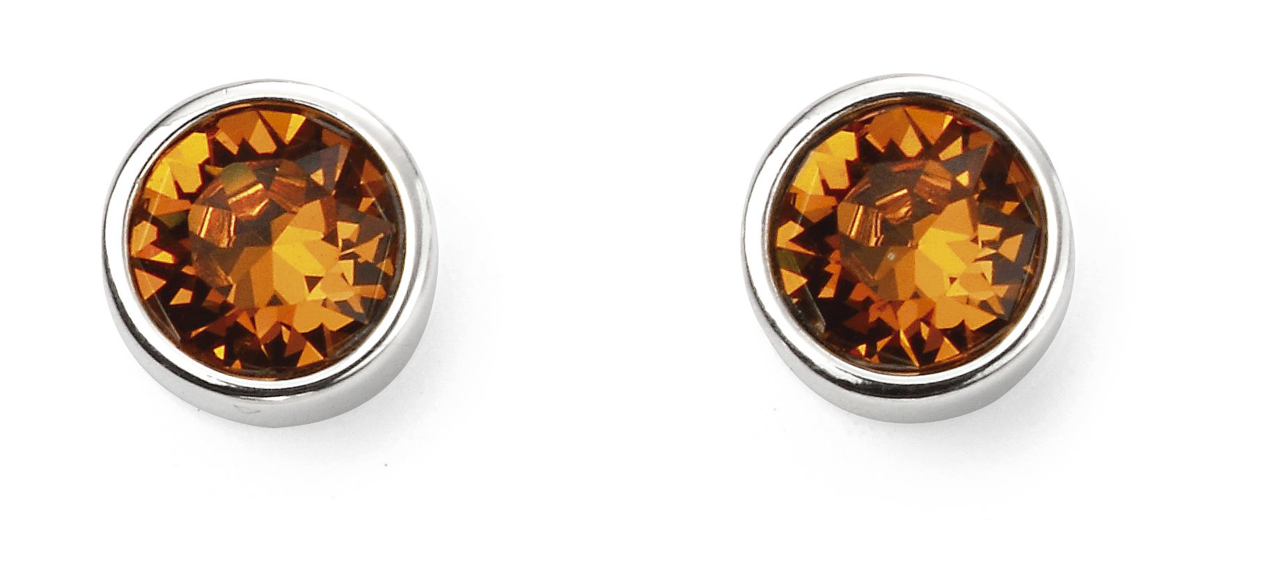 Pair of round amber gemstone stud earrings on a white background