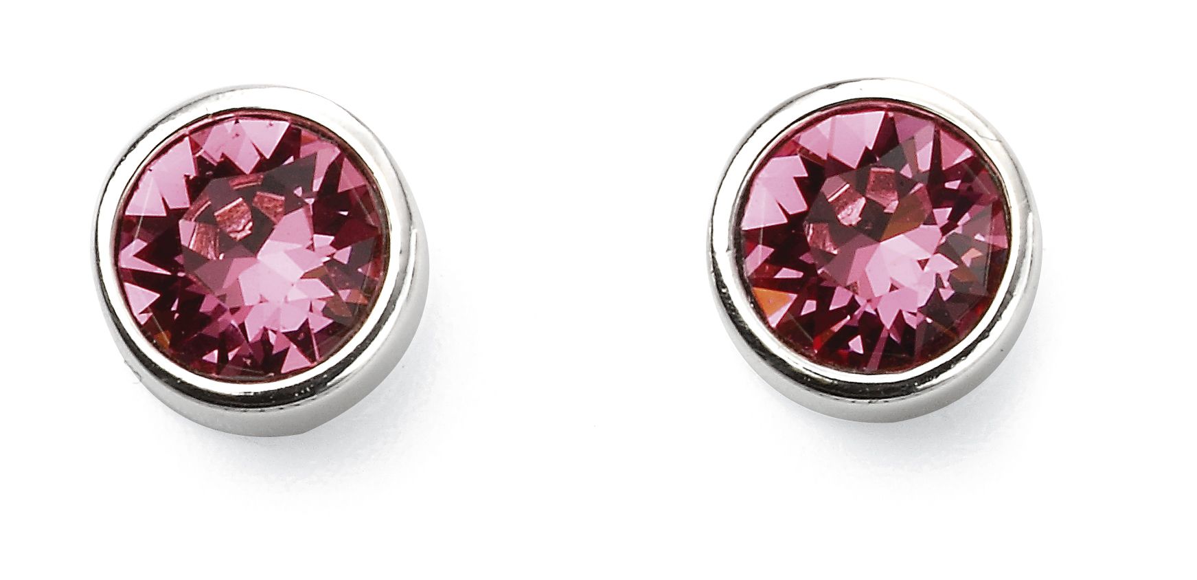 Pair of silver stud earrings with pink gemstones on a white background