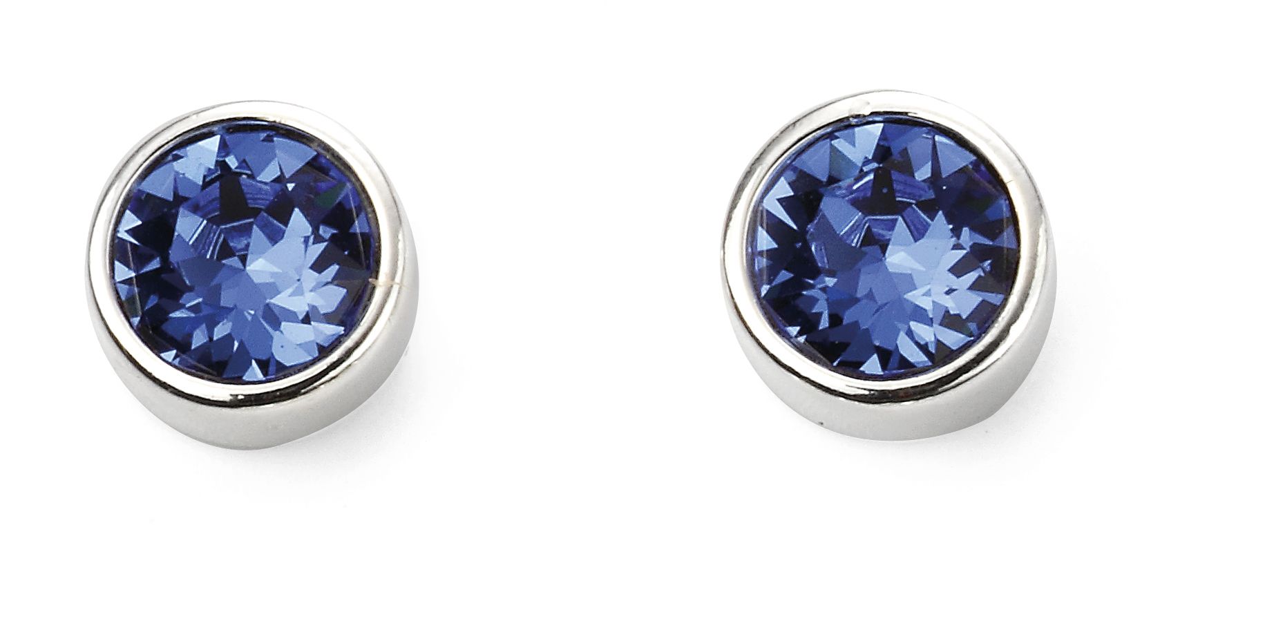 Pair of silver stud earrings with blue gemstones on a white background