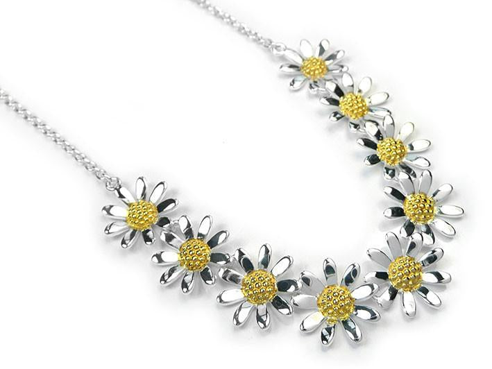 Necklace with floral design featuring silver and yellow flowers on a white background