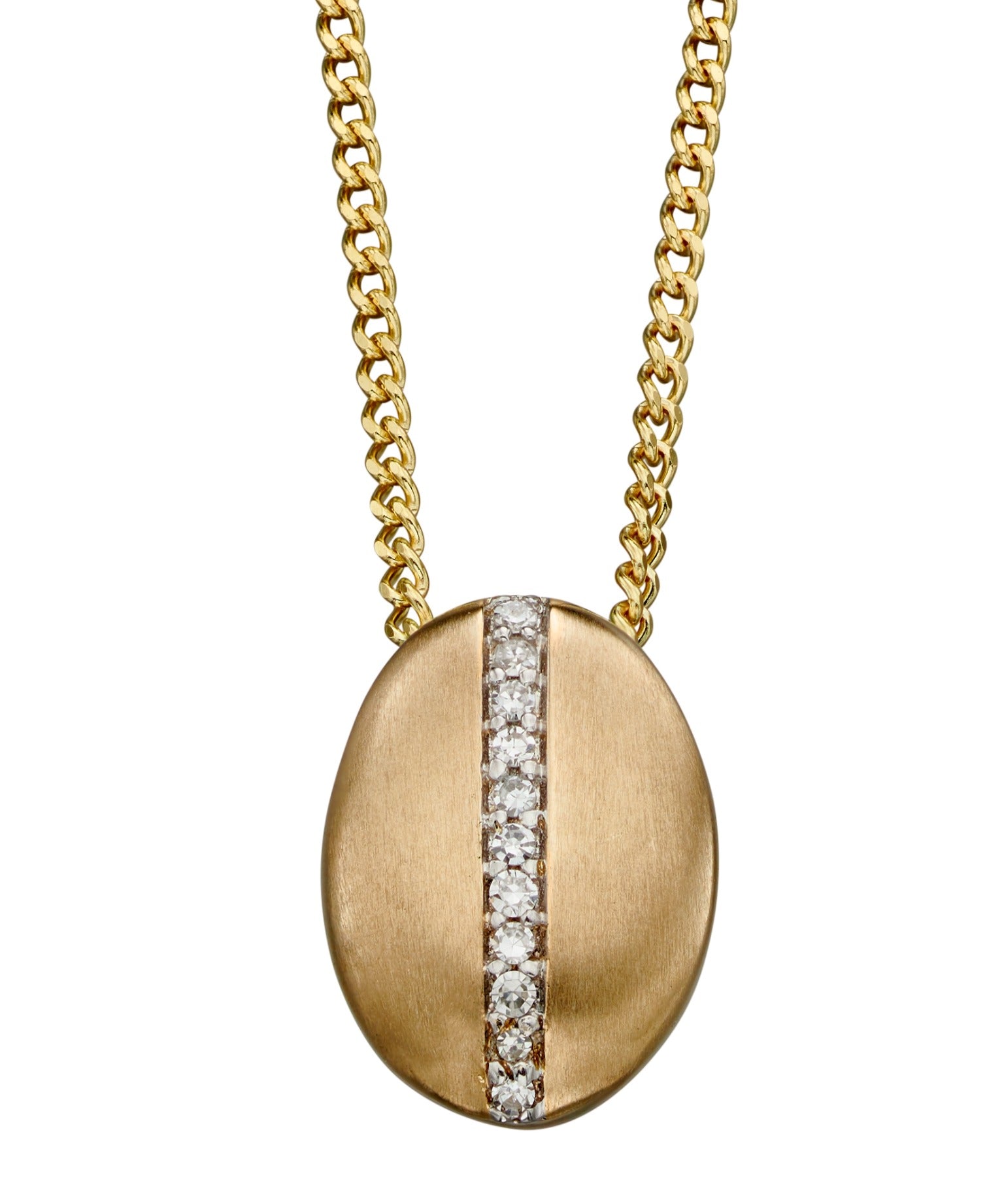 Gold necklace with a round pendant featuring a diamond stripe on a white background
