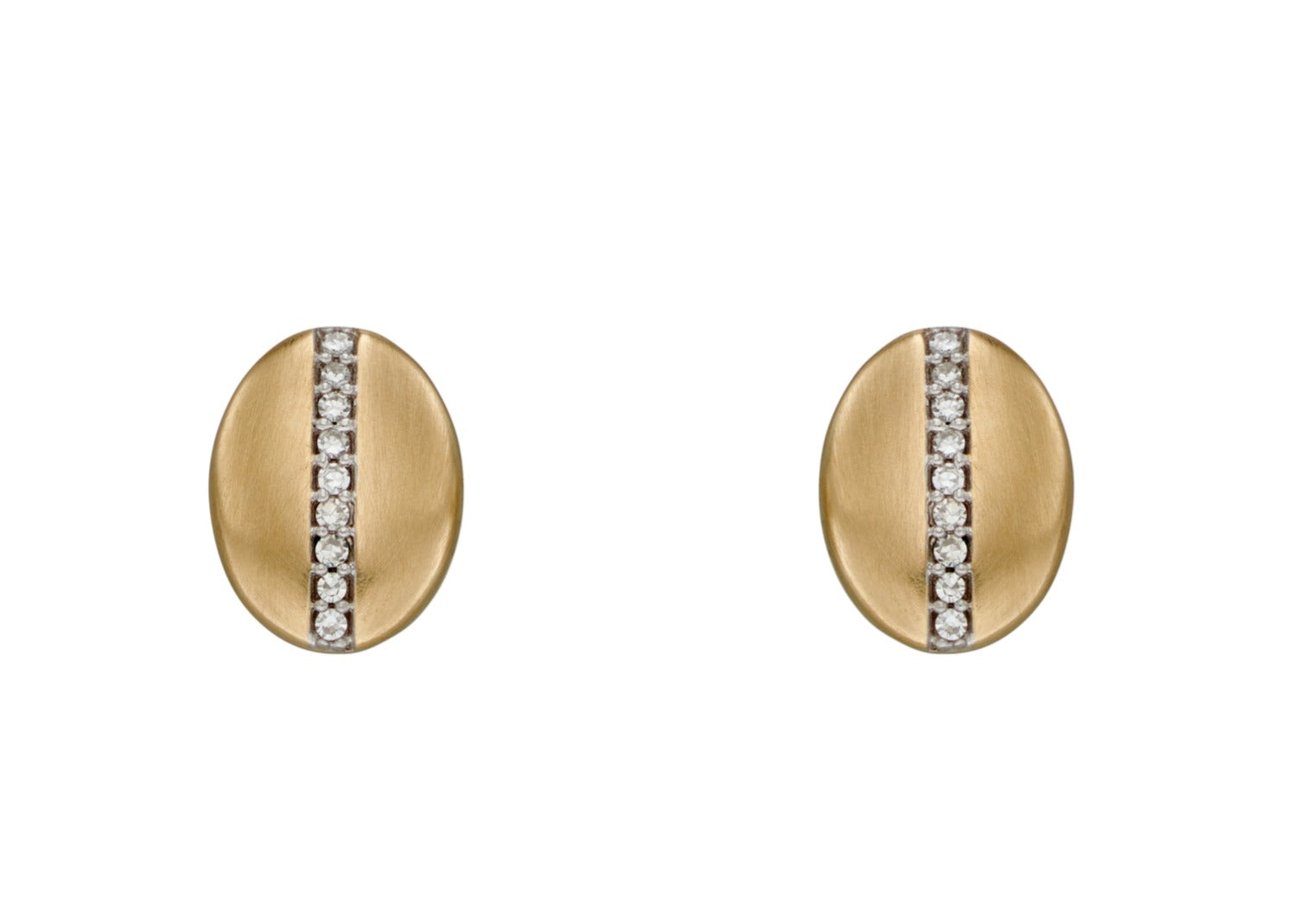 Gold earrings with diamond accents on a white background