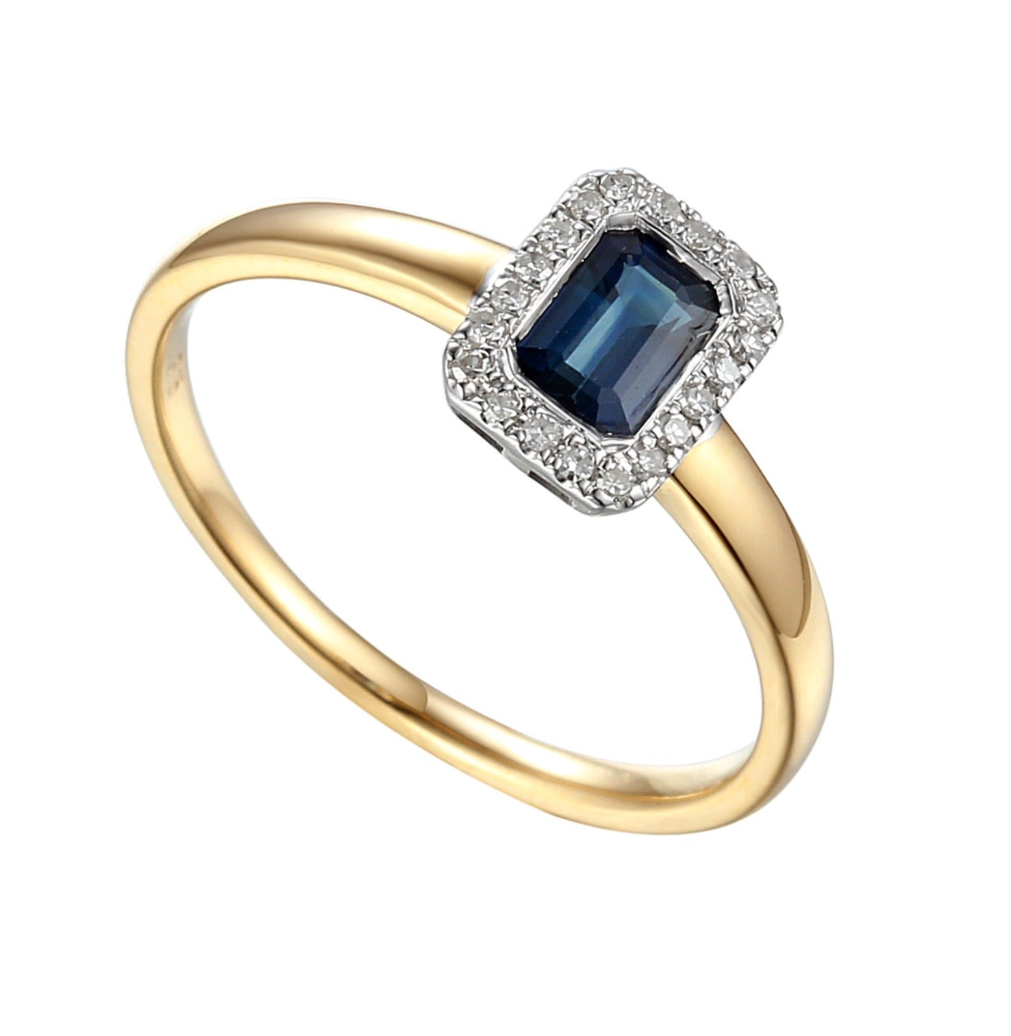 Gold ring with a blue gemstone and diamond accents on a white background