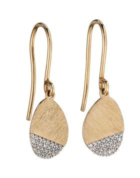 Gold earrings with teardrop-shaped design and diamond-like embellishments on a white background