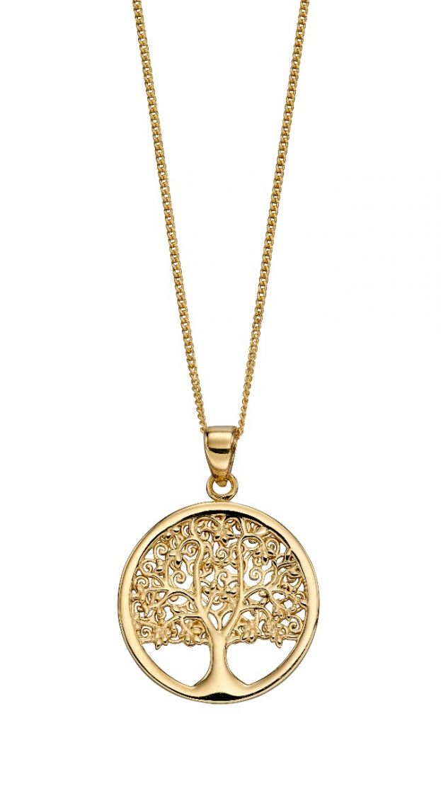Gold tree-shaped pendant on a chain against a white background