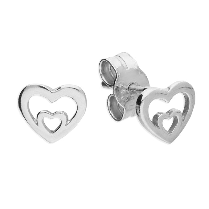 Sterling Silver Open Heart in Heart Stud Earrings