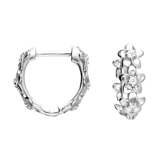 Sterling Silver Flower Cubic Zirconia Huggie Earrings