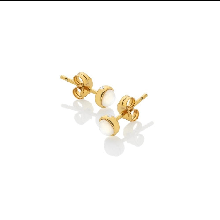 Gold earrings with pearl-like stones on a white background