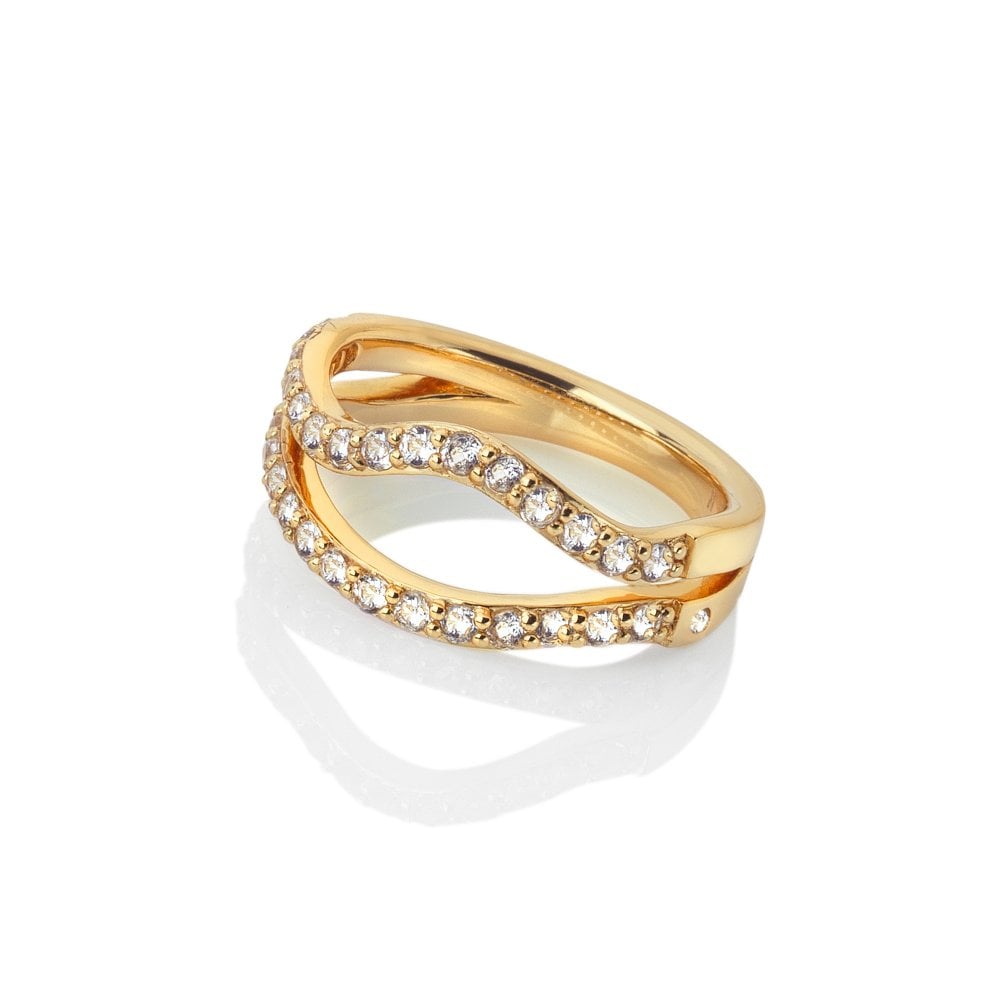 Gold ring with diamond accents on a white background
