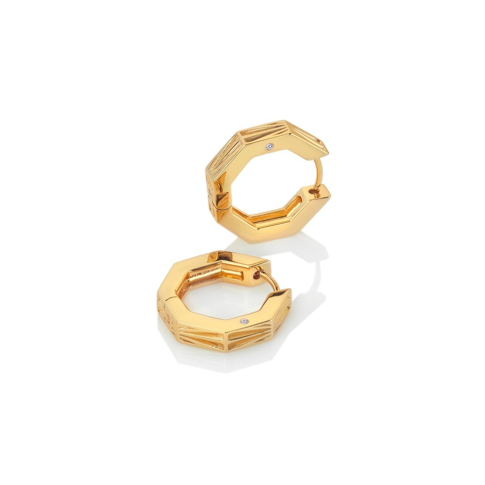 Gold hexagonal hoop earrings on a white background