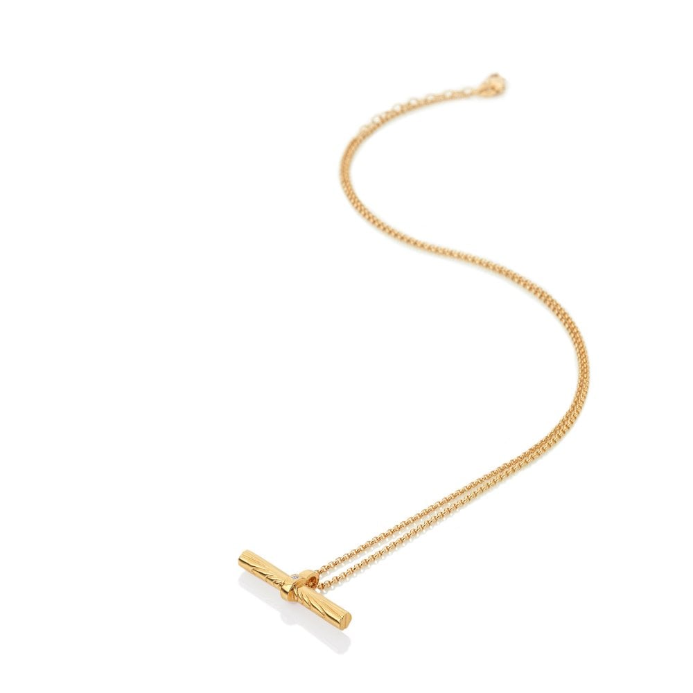 Gold necklace with a T-bar clasp on a white background