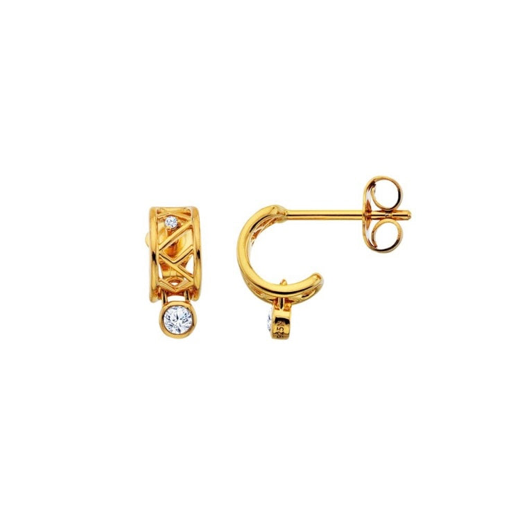 Gold hoop earrings with a central gemstone on a white background