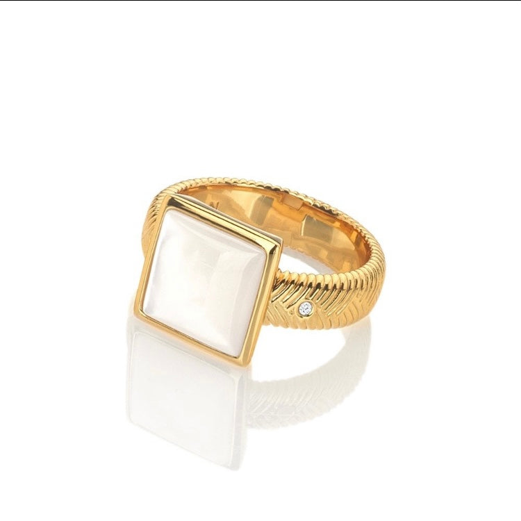 Gold ring with a square stone on a white background