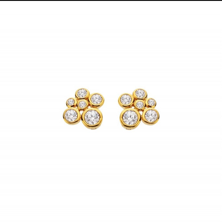 Gold earrings with clear gemstones on a white background