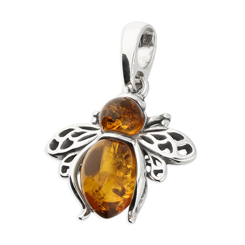Silver pendant shaped like a bee with amber-colored body on a white background