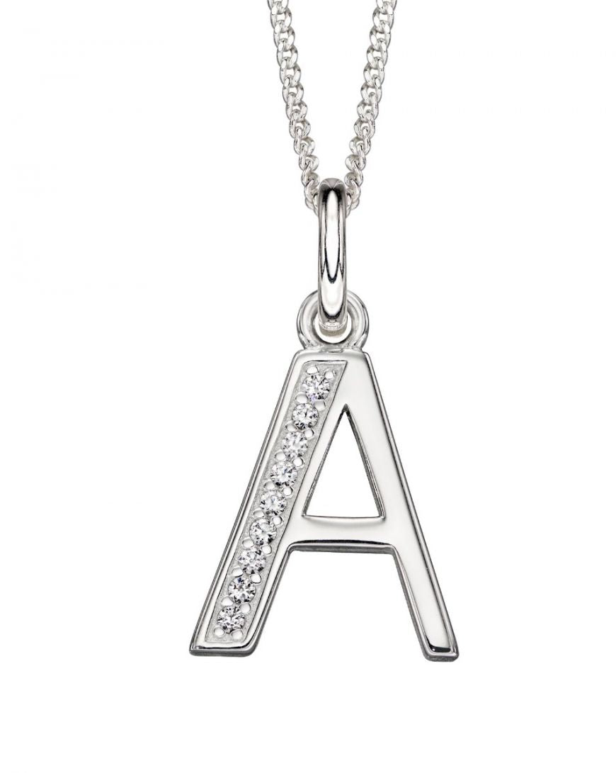 Silver necklace with a letter 'A' pendant on a white background