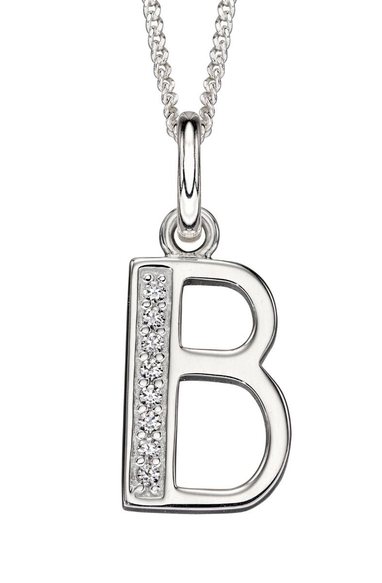 Silver necklace with a 'B' pendant on a white background
