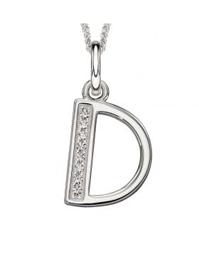 Silver pendant with letter 'D' design on a white background